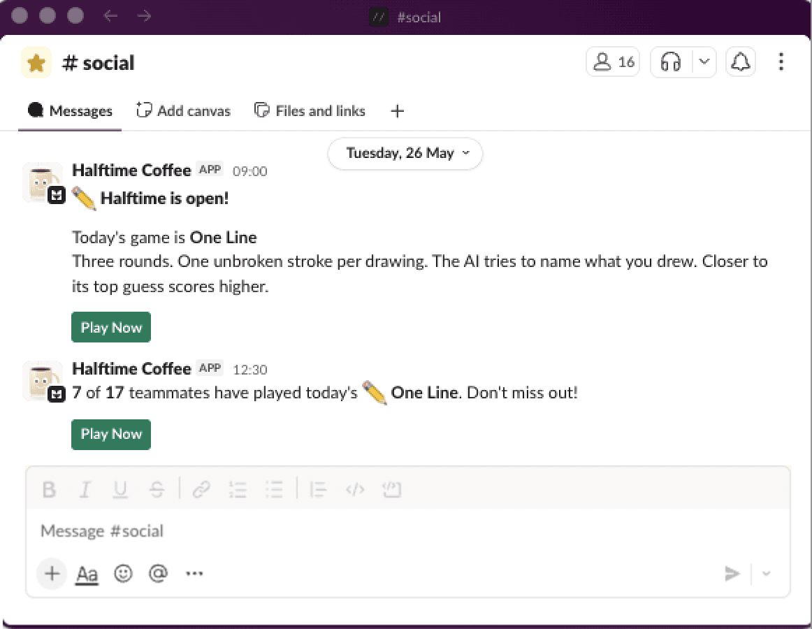 Slack notifications announcing Halftime is open and reminding the team that seven teammates have played One Line