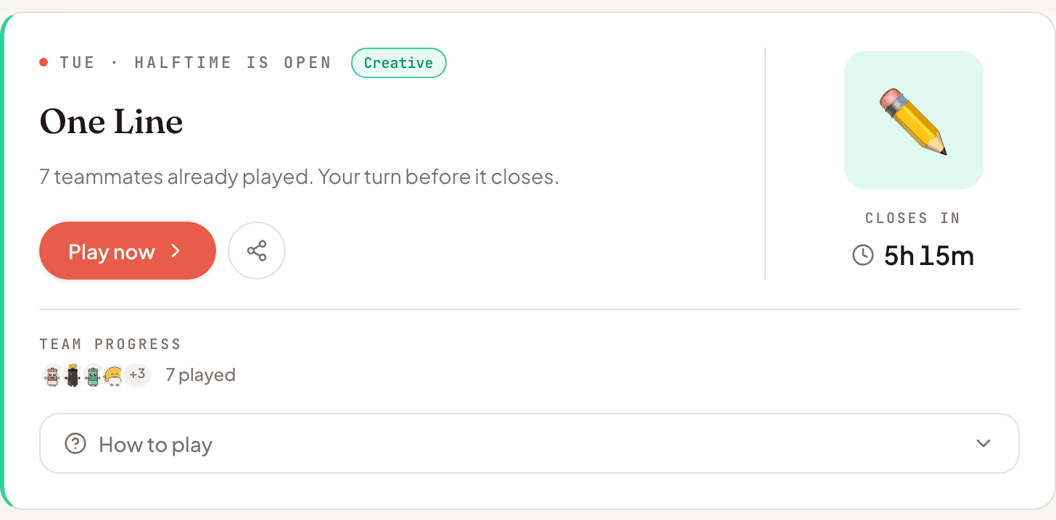 The One Line game card open for the team with the play button, team progress, and close time visible